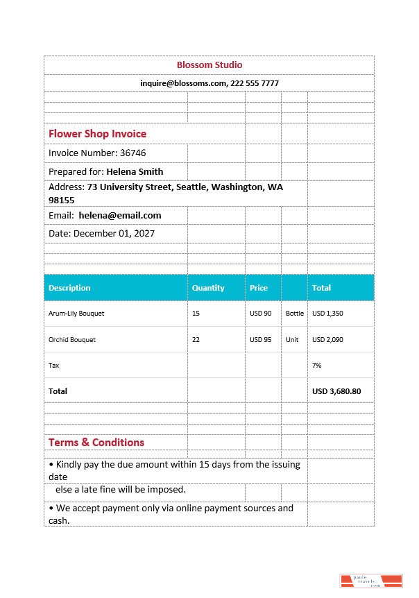 Printable Flower Shop Invoice Template PSD template